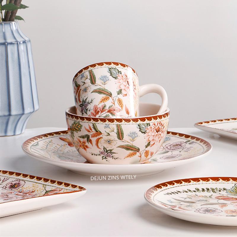 French Ceramic Plates Exquisite Flower Pattern Steak Cake Dishes Household Fruit Plates Household Noodle Bowls Ceramic Tableware