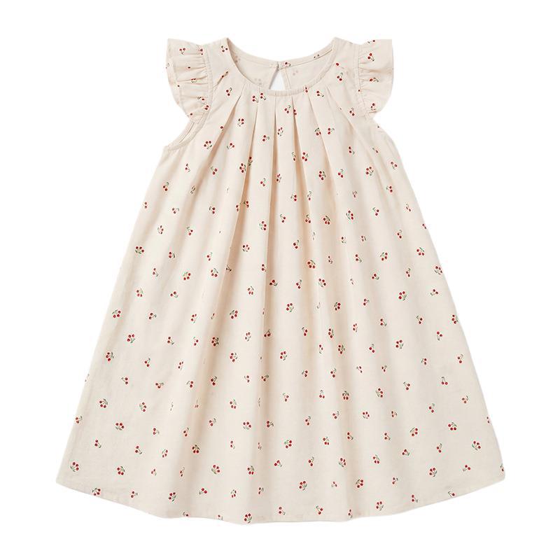 Sweet Cherry Print Girls Dress Summer Flutter Sleeve Pleated Skirt Baby Clothing