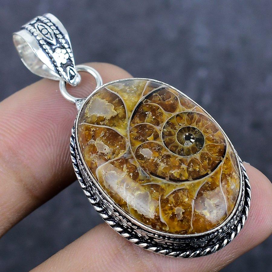 Ammonite Fossil Gemstone Handmade 925 Sterling Silver Jewelry Pendant 1.97" P4I04