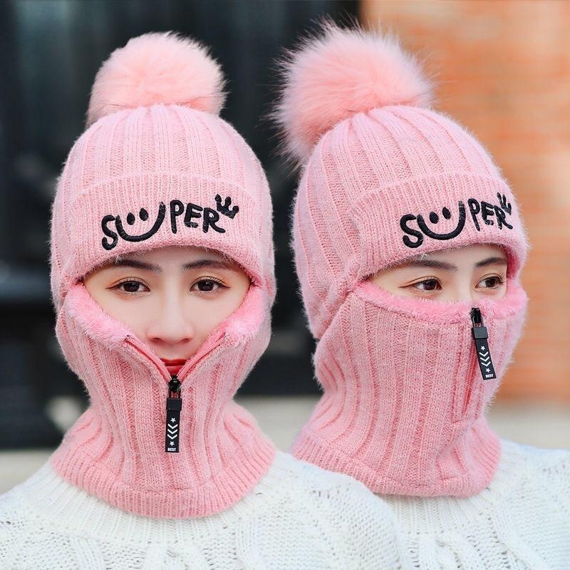 Hat Women's Winter Knitted Wool One-piece Hat Fleece Versatile Ear Protectors Cycling Warm Thickened Wool Hat