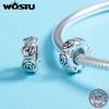 WOSTU 925 Silver Stopper Spacer Beads Cat Feather Round Charm Fit Bracelet Bangle DIY Jewelry Accessories