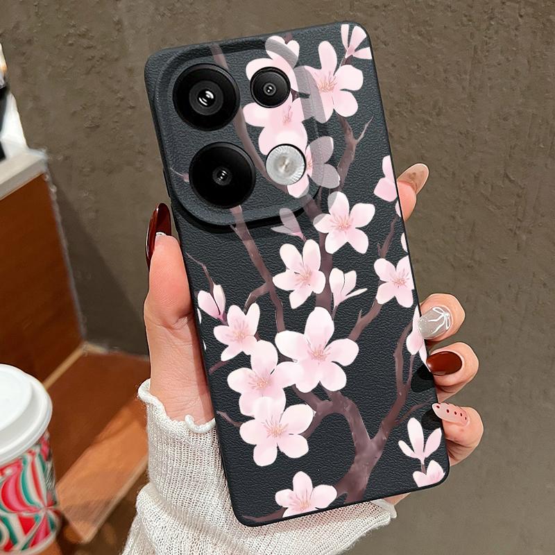 Hand-drawn Style Sakura Pattern Case For Xiaomi 14T 13T 11T Pro Funda Redmi Note 14 13 Pro 5G 12 11 Leather Texture Silicone Cover