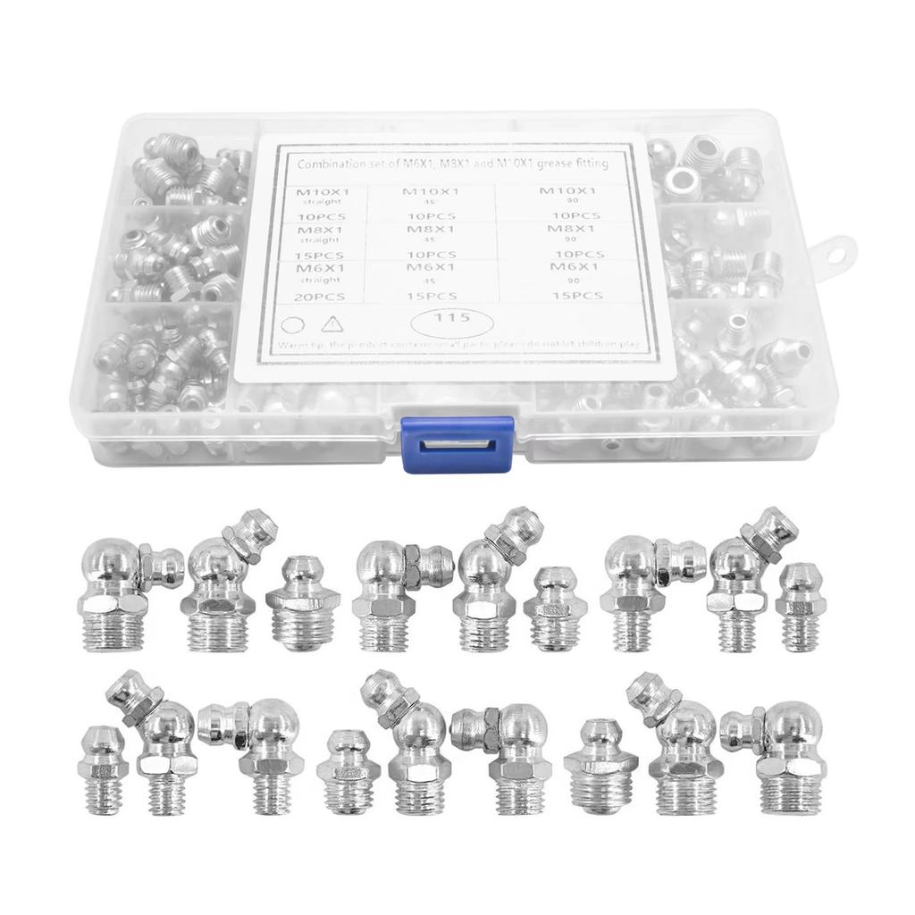 115Pcs Metal Zerk Grease Nipple Fittings Assortment Metric Hydraulic Grease Fitting for Replacing Missing Broken Fitting