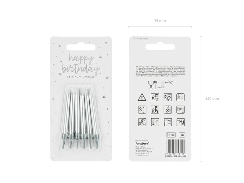 Partydeco Świeczki Urodzinowe Srebrne Gładkie 6Cm /6 Szt