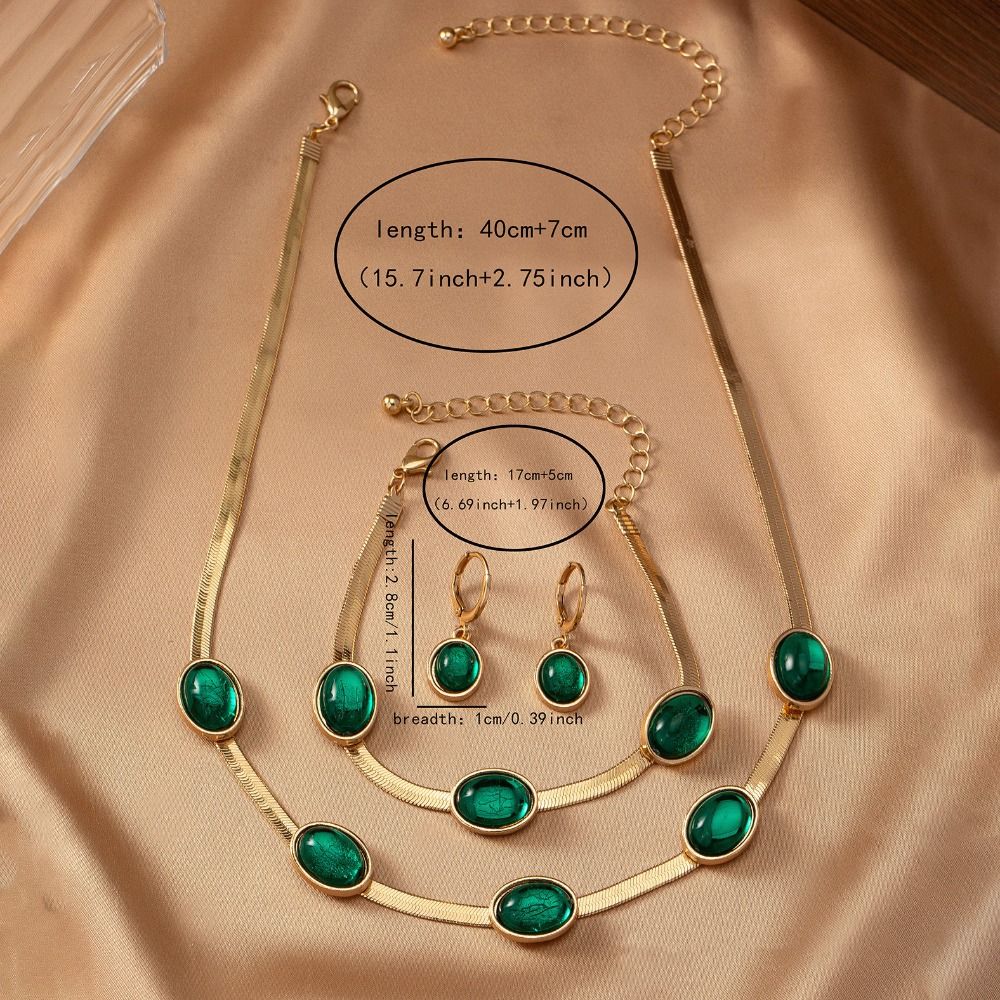 4Pcs Vintage Necklace Earrings Set Bracelet Crystal Jewelry Suit Green Rhinestone Jewelry Set  Party