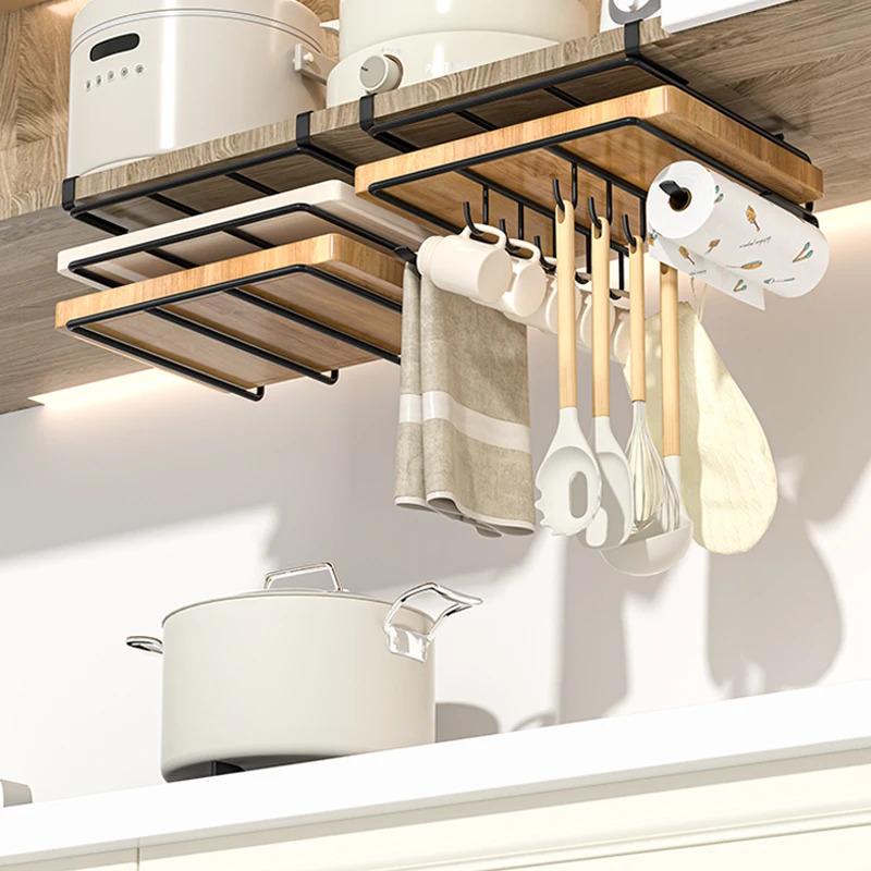 kitchen cabinet Hanging rack under, household iron art organizing rack, cutting board rack, hook, pot cover storage rack