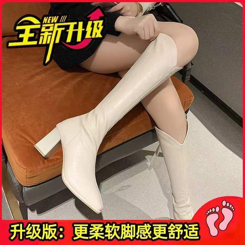 Internetkändis långstövlar skor dam 2025 nya knästövlar högklackat tjock klack riddarstövlar trend