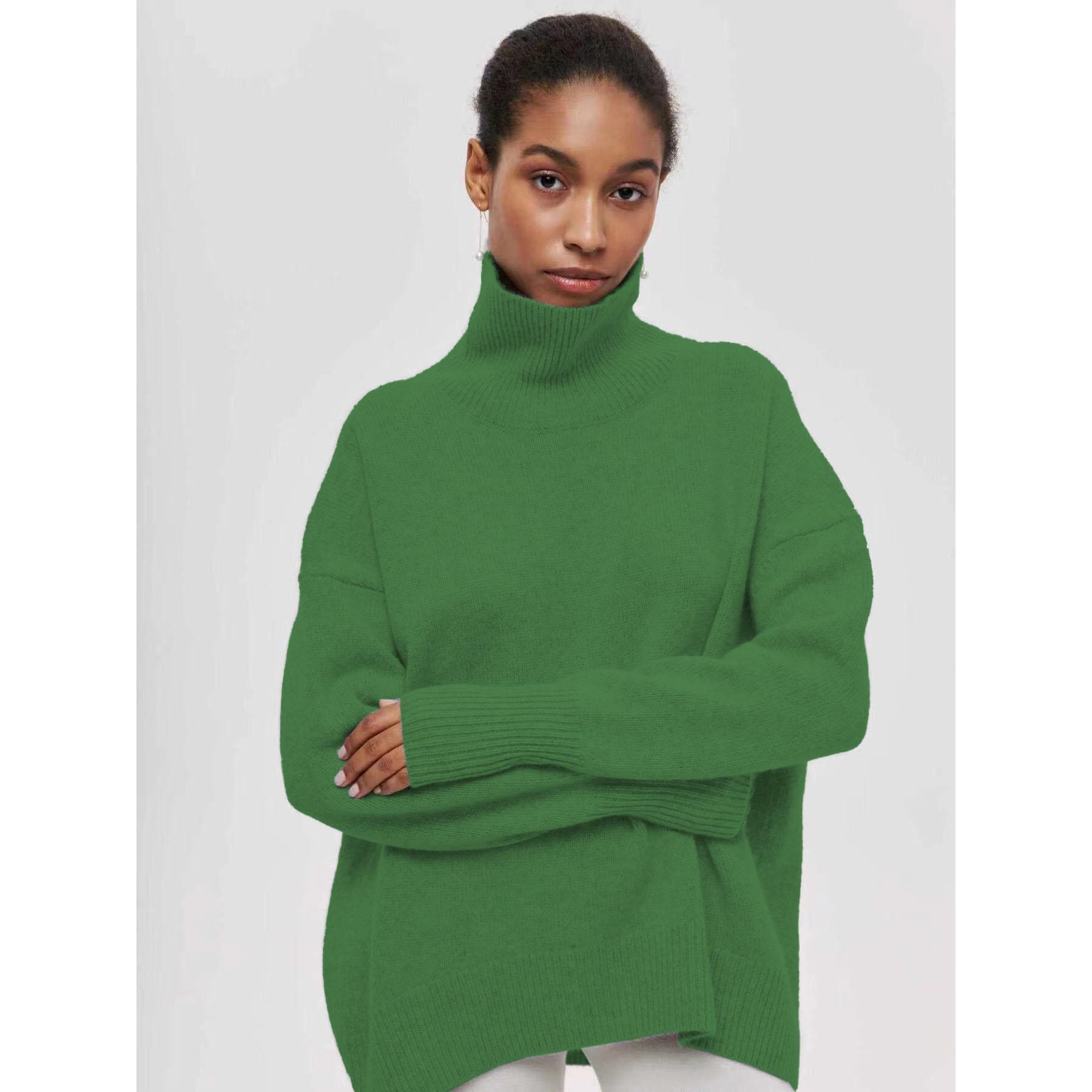 

Осень-зима Женский свободный свитер с высоким воротом, большой размер, топ с длинным рукавом, осенний повседневный свободный джемпер, толстые теплые вязаные пуловеры для женщин L зелёный