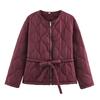 Womens Lightweight Quilted Puffer Jacket With Drawstring Waist Round Neck Stitch Streetwear Style