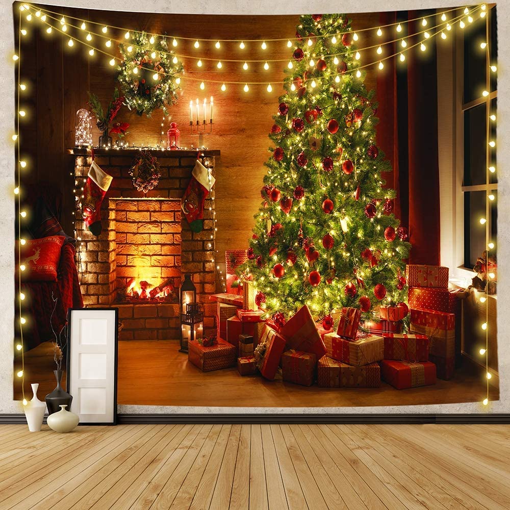 Merry Christmas Tapestry Winter Fireplace Tapestry Christmas Tree Gifts Wall Hanging Home Living Room Bedroom Dorm Tapestries
