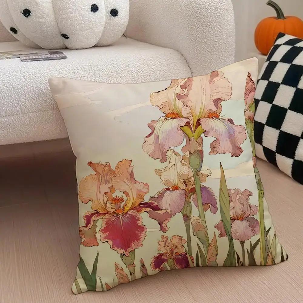Colorful Spring Flower 2D Flat Printed Cushion Cover Aesthetic Botanical Throw Pillowcase For Home Living Room Chair Decor