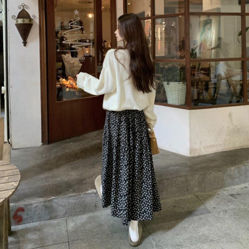 Korean Floral A-Line High-Waisted Skirt for Women