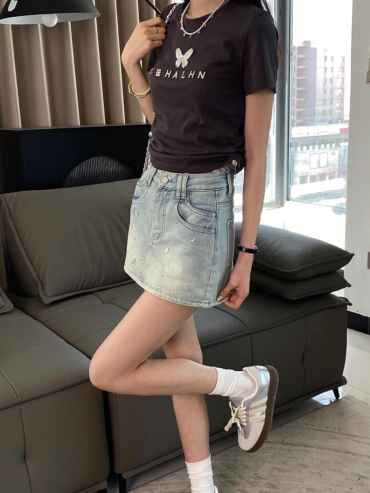 2024 Hot Rhinestone Denim Mini Skirt: Slimming Spicy Girl Summer Style for Women