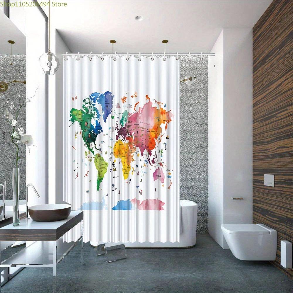 1pz Tenda da Doccia Mappa del Mondo Acquerellata - Colori Vivaci Sovrapposti per Continenti e Paesi, Tessuto in Poliestere, Include Ganci