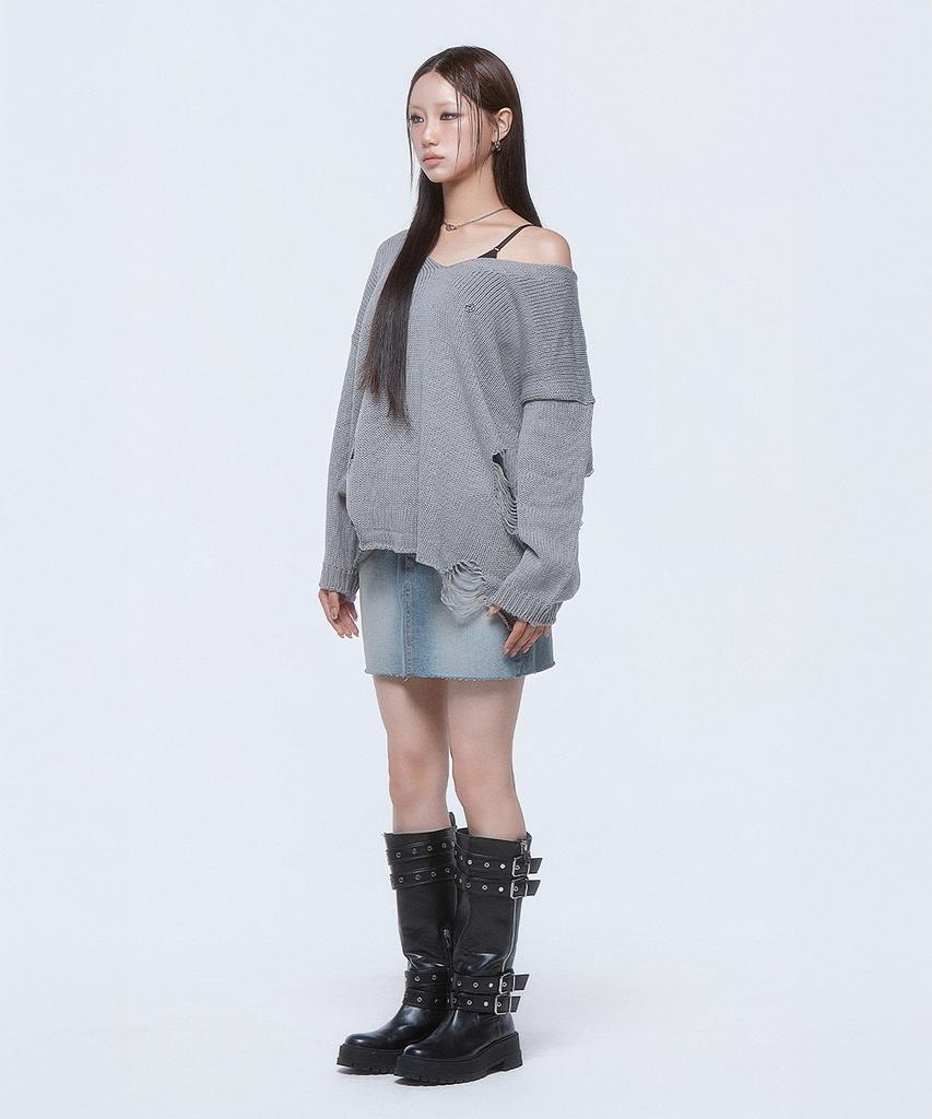 DAUSPICE (Duc) Damaged Loose-Fit Knit Gray