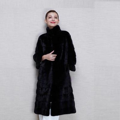 Women's Mid-Length Black Stand-Up Collar Mink Fur Coat