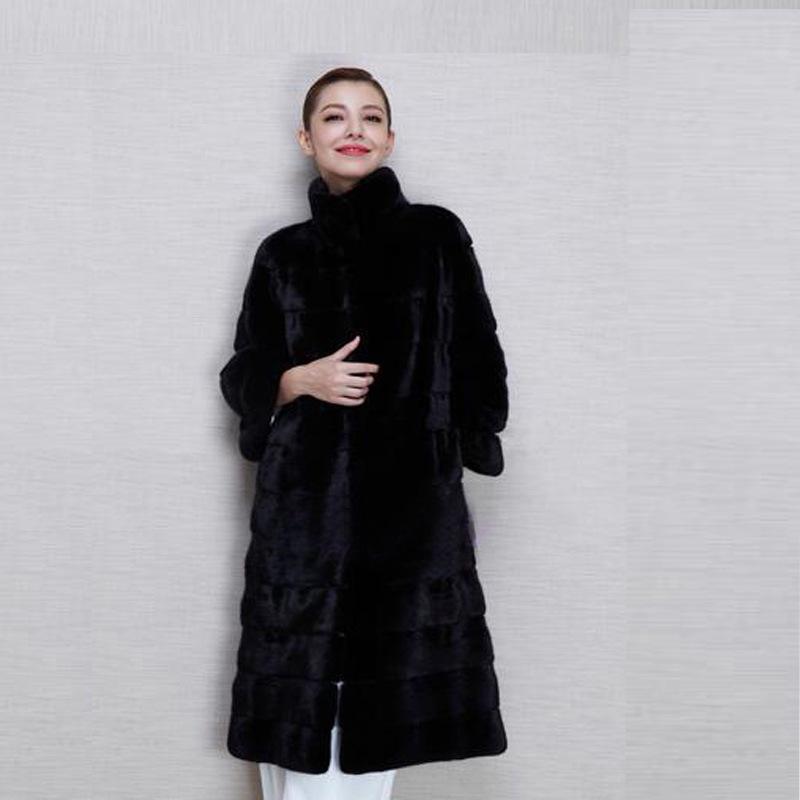 Women's Mid-Length Black Stand-Up Collar Mink Fur Coat