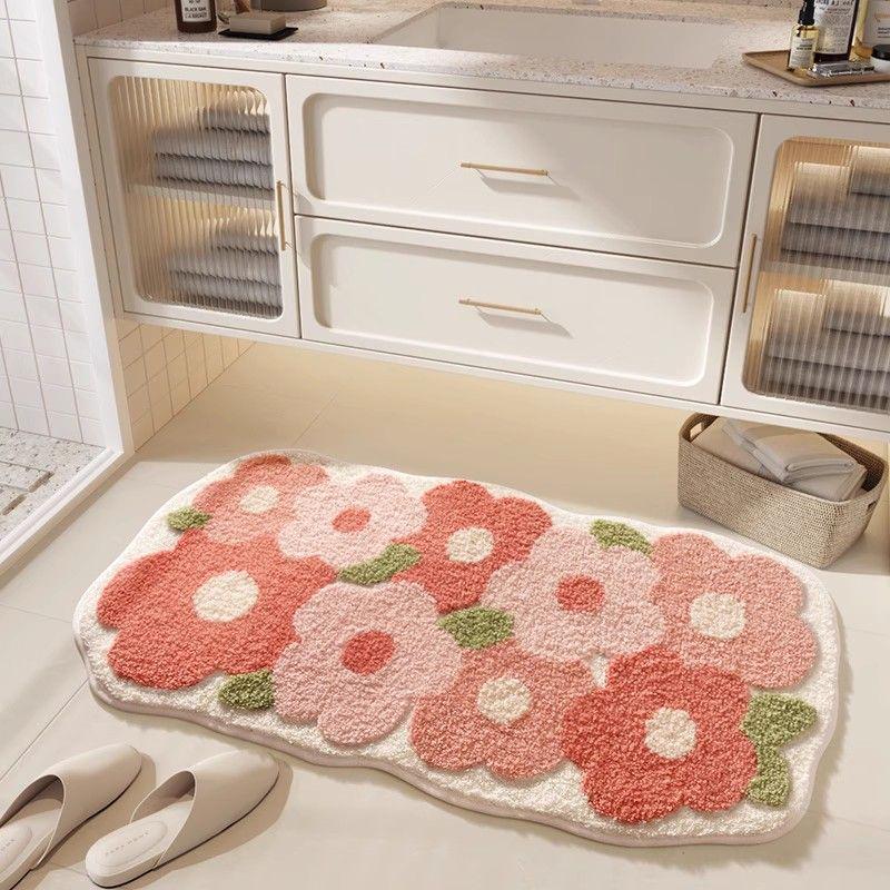 Floral Anti-Slip Absorbent Bathroom Mat Flocking [Water Absorbent, Non-slip, Dense Plush]