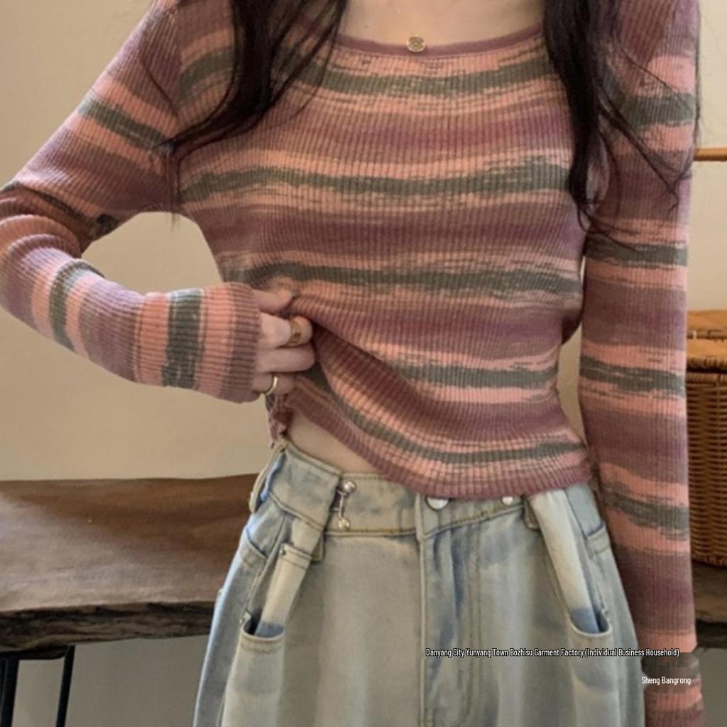 Women's Plus Size Striped Slimming Long Sleeve Knit Shirt - Autumn/Winter Collection