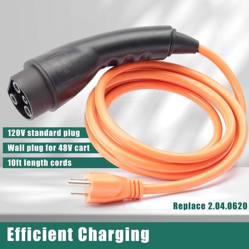 EV Charger Replacement Cord 10ft Length 3 Prong 120V Input Weather Resistant Construction For Multiple Golf Cart Brands