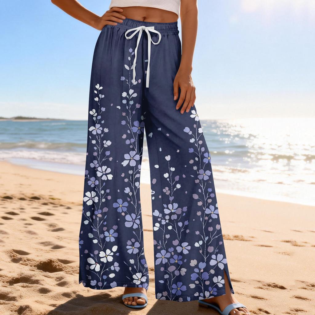 Women Summer Boho Palazzo Pants High Waist Wide Leg Printing Casual Trousers With Pockets