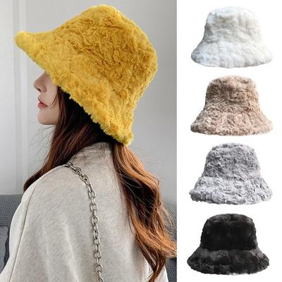 Faux Fur Plush Bucket Hat Furry Sun Cap Outdoor Fisherman Cap  Women