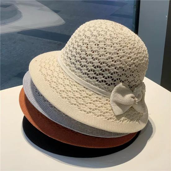 Women's Sun Hat Handmade Straw Woven Bucket Hat with Bow Foldable Sun Protection Fishing Hat for Outdoor Travel Beach