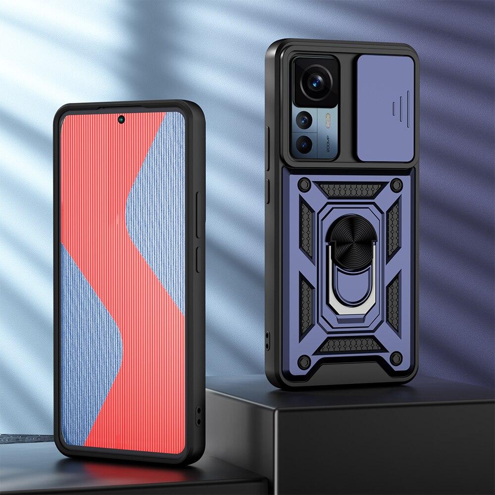 KEYSION Shockproof Case for Xiaomi 12T Pro 5G Push Pull Camera Protection Ring Stand Phone Cover for Redmi K50 Ultra