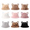 Women's Bucket Hat Winter Cute Cat Ear Plush Fisherman Cap Keep Warm Faux Fur Leopard Bob Cap Female