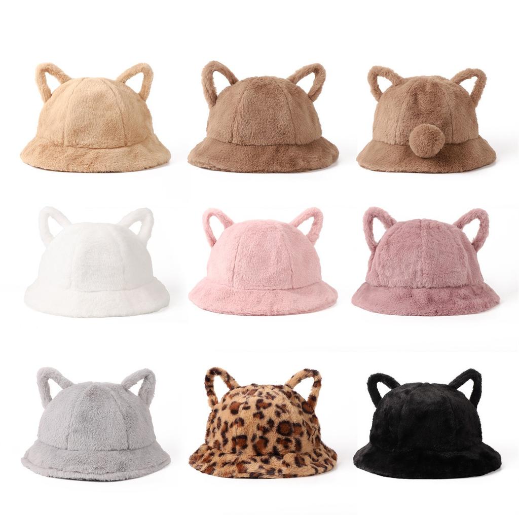 Women's Bucket Hat Winter Cute Cat Ear Plush Fisherman Cap Keep Warm Faux Fur Leopard Bob Cap Female
