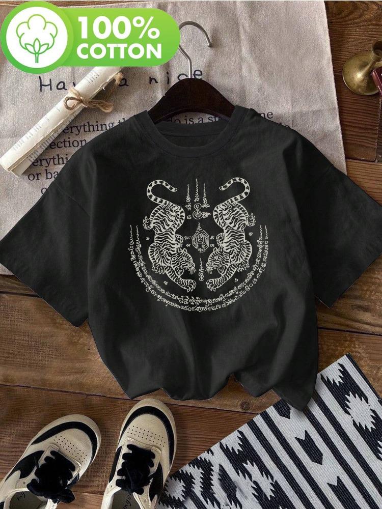 

Ladies Sakyan Thai Tattoo Double Tiger Printed Tshirt Round Neck Short Sleeve Casual Top with Exquisite White Pattern S