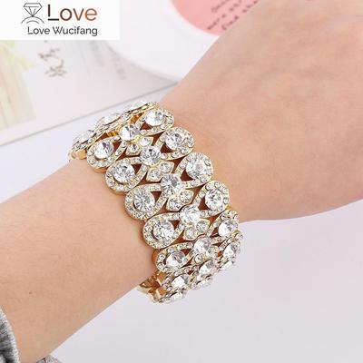 Wedding Jewelry Luxury Full Crystal Rhinestones Gold Color Bracelets For Women Bride Stretch Rope Wide Bracelets &Bangles Gift