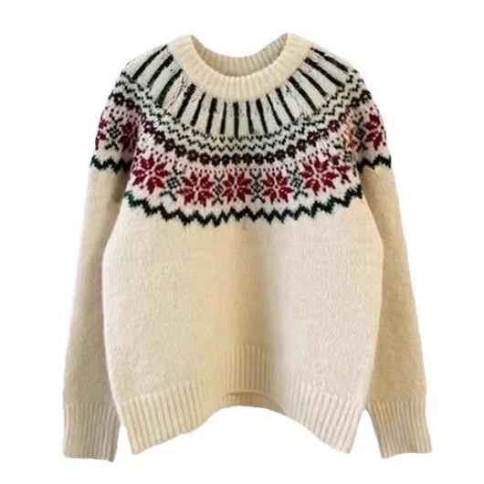 Vintage Jacquard Christmas Red Fair Island Sweater Women's Pullover Loose Autumn and Winter Lazy Knitted Sweater Women's Versatile