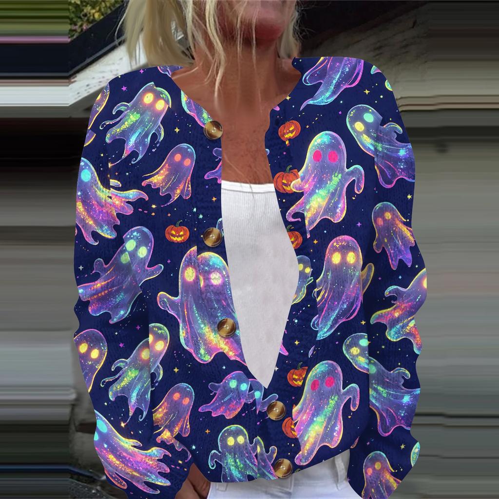 Women's Halloween Print Long Sleeve Knit Cardigan Button Front Sweater Coat Lightweight Casual Outerwear for Fall and Winter