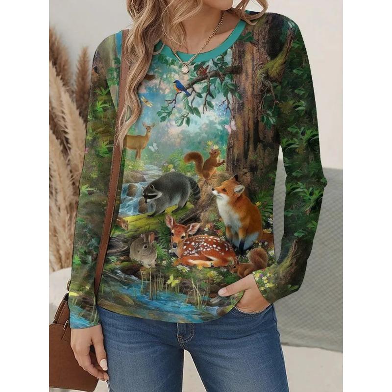 Autumn Women's 3D Animal Landscape Print Crew Neck T-Shirt