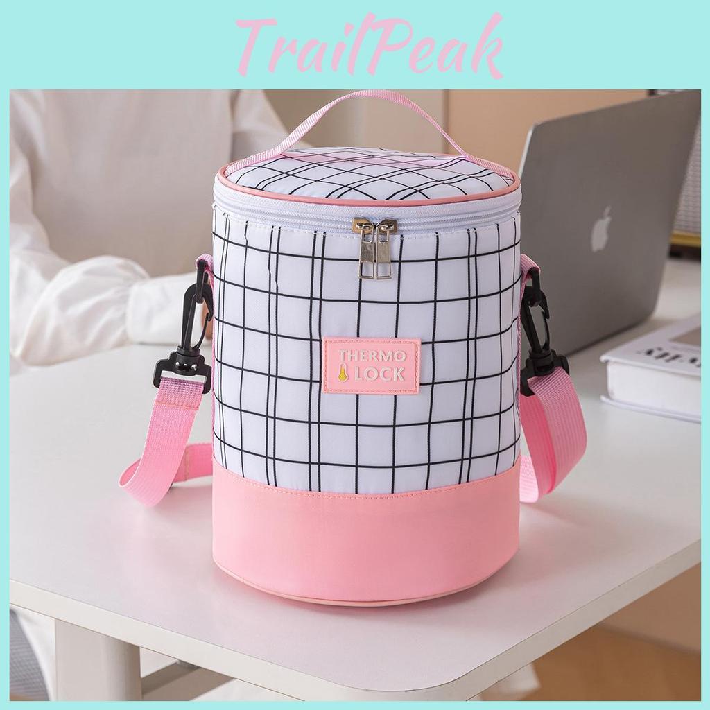 Cylindrical Simple Heat Preservation Bento Bag With Grid Design And Letter Print