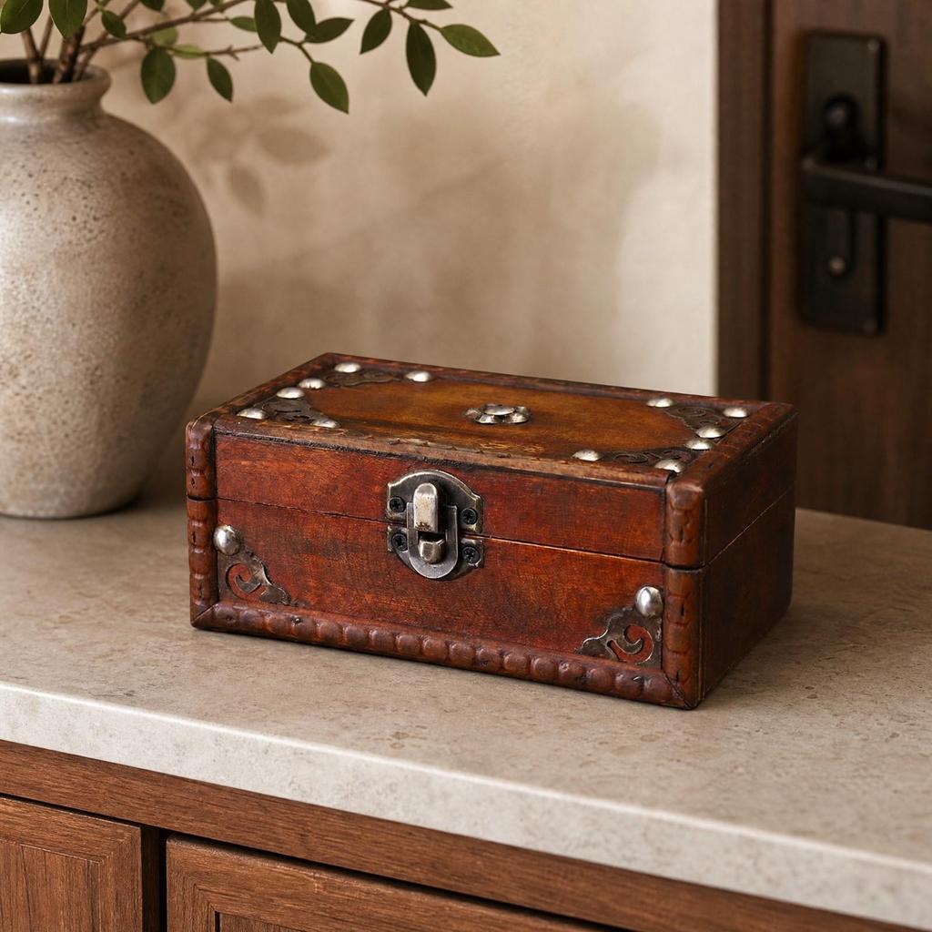 Vintage Distressed Wooden Storage Box with Metal Clasp Sturdy Decorative