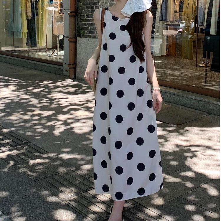 Polka Dot Dress Summer Dress New Temperament Retro Sleeveless A-shaped Long Skirt Loose and Thin Vest Strap Skirt Women