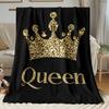 Queen Crown Flannel Blanket – Black & Gold Glitter Throw for Sofa, Bed, Travel & Regal Home Decor