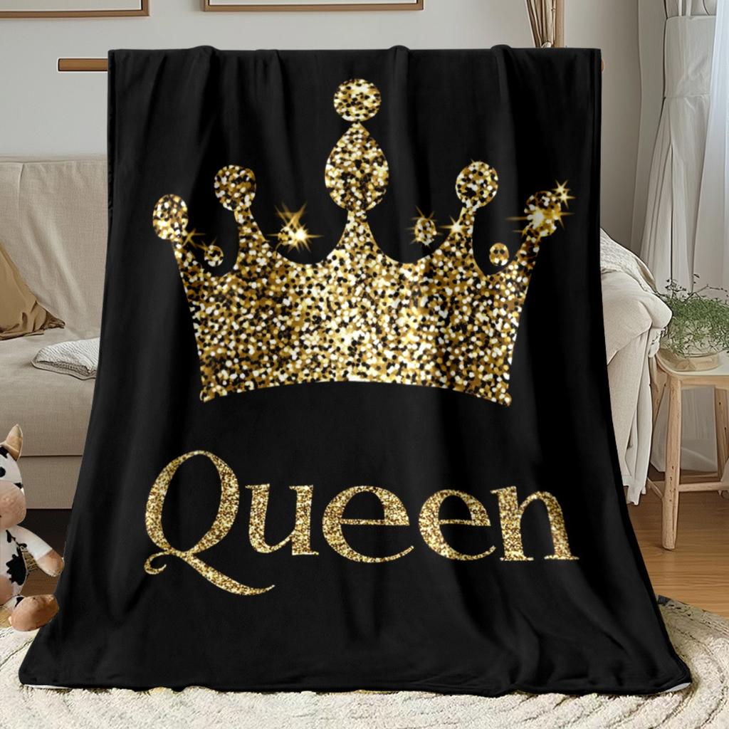 Queen Crown Flannel Blanket – Black & Gold Glitter Throw for Sofa, Bed, Travel & Regal Home Decor