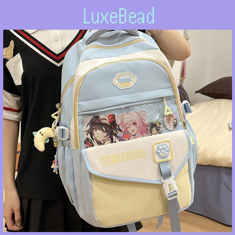 Fashionable Color Blocked Letter Printed Student Backpack With Pendant For Daily