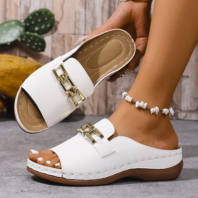 Sandali con zeppa da donna. Dettaglio Catena Metallica. Scarpe Piattaforma Casual Open-toe, Calzature Estive da Spiaggia, Scarpe da Donna
