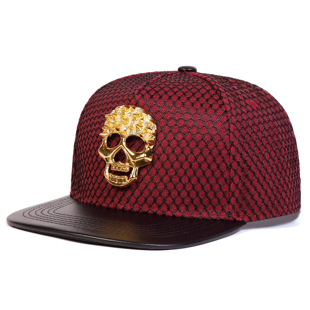 Unisex Metal Skull Decoration Adjustable Flat Top Baseball Hat Mesh Snapback Caps Spring Summer Outdoor Leisure Hats Travel Accessories for Women Men