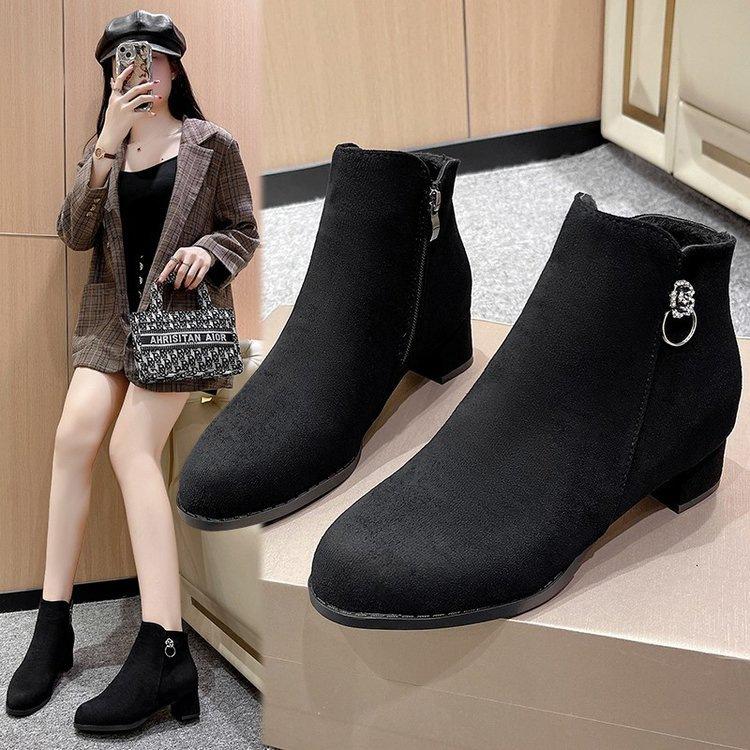 Frosted coarse heel small short boots women's shoes new autumn and winter black velvet suede medium heel bare boots autumn and winter high heels