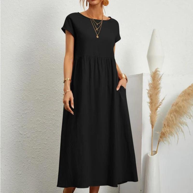 Women's Elegant Solid Color Dress Summer Short Sleeve O-Neck Vintage Harajuku Cotton Linen Comfortable Loose Pocket Long Dress
