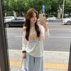 White Slanted Shoulder Graffiti Flower Print Sunscreen Long-sleeved T-shirt Women's Summer Loose Design Versatile Blouse Top