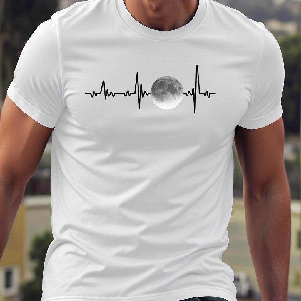 2025 Men's Summer Cotton ECG Moon Printing Fashion Casual Large Size Sports Soft Loose Crew Neck Short Sleeve T-Shirt