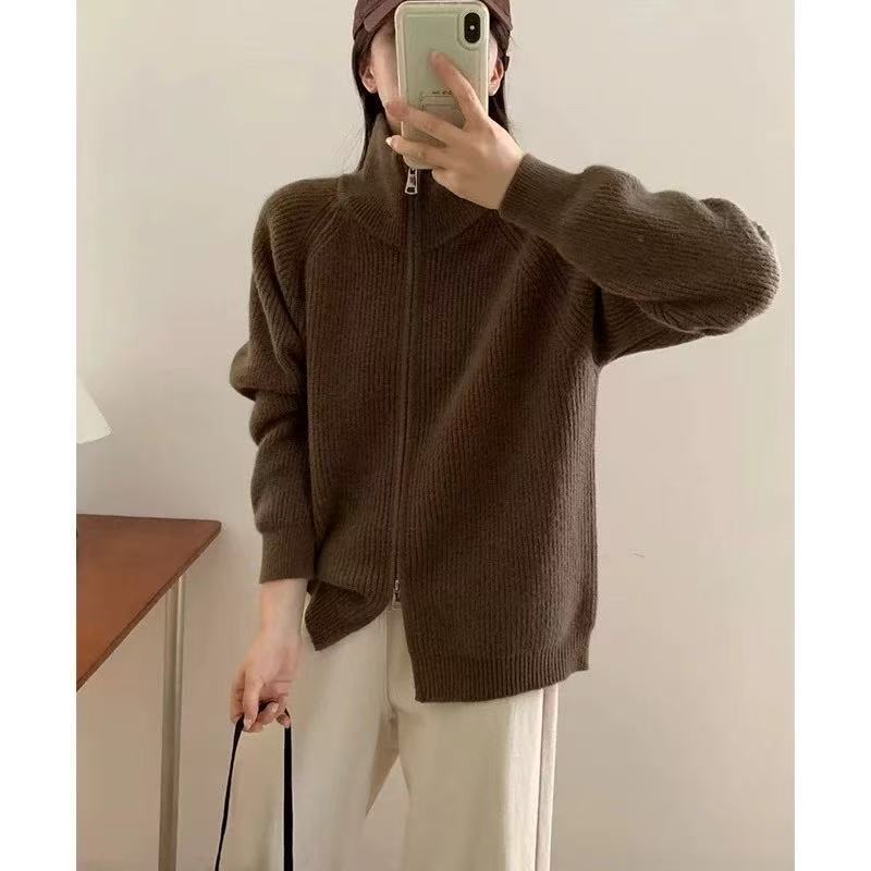 

Кардиган-свитер женский с двойной молнией, новый, свободного кроя, в рубчик, вязаный свитер, повседневный топ-куртка One size кафе