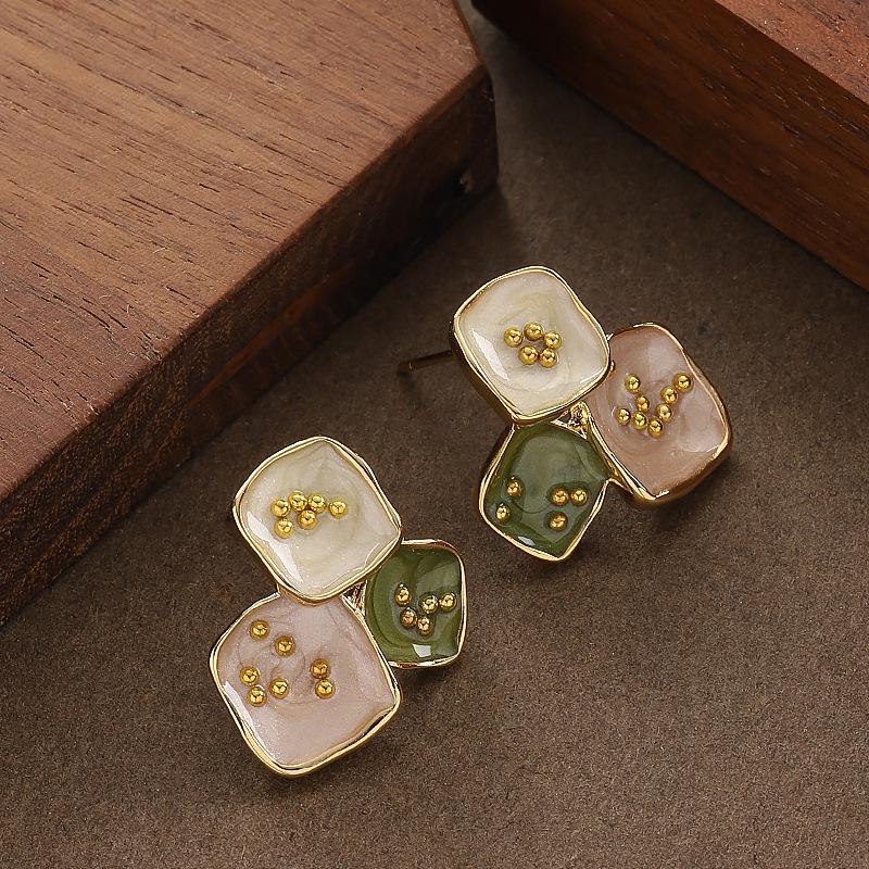 Mori Sweet Exquisite Pastoral Enamel Drip Glaze Smudged Geometric Stud Earrings Temperament Simple Advanced Sense Personalized Earrings
