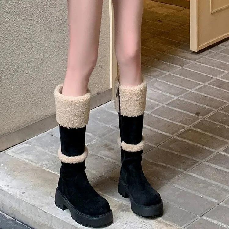 Thickened Lamb Wool Long Tube Snow Boots for Women New 2025 Autumn Winter Anti-slip Fleece-lined Cotton Shoes Knee High Boots